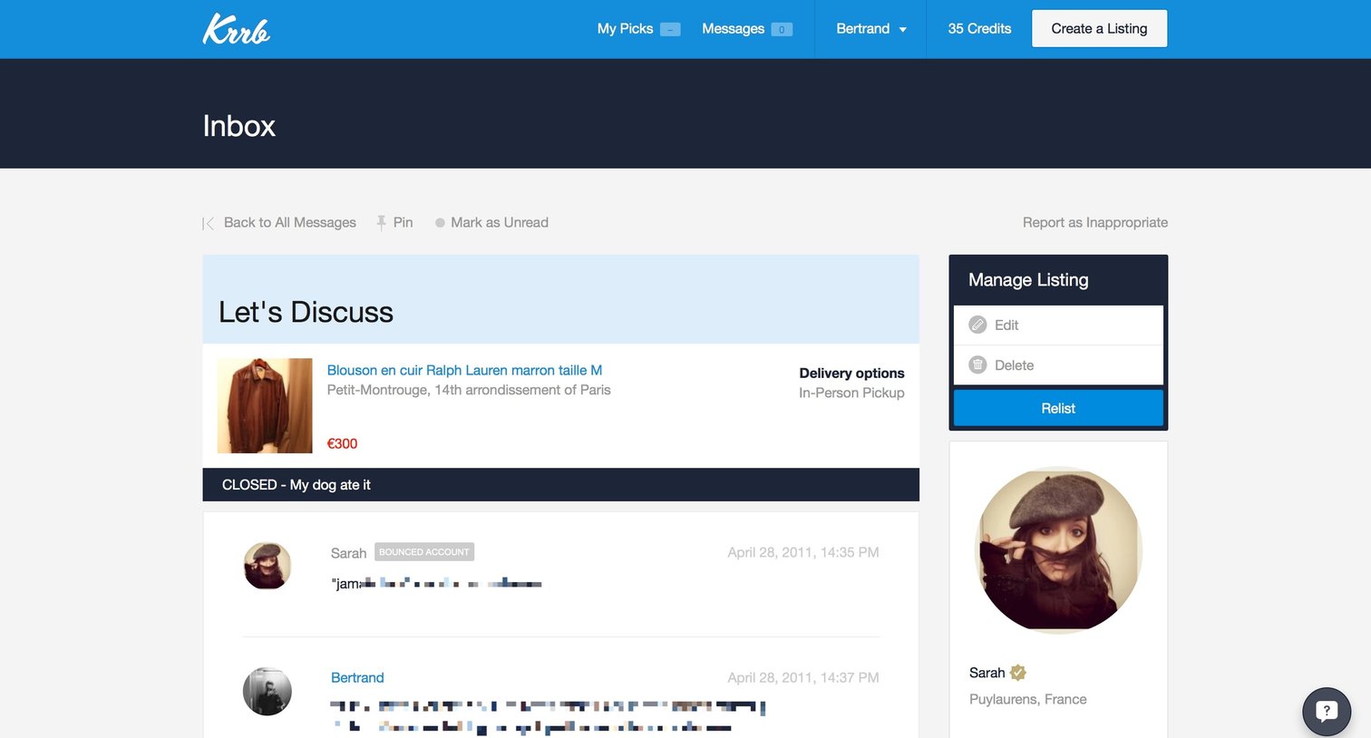 Krrb Classifieds - Messaging screen