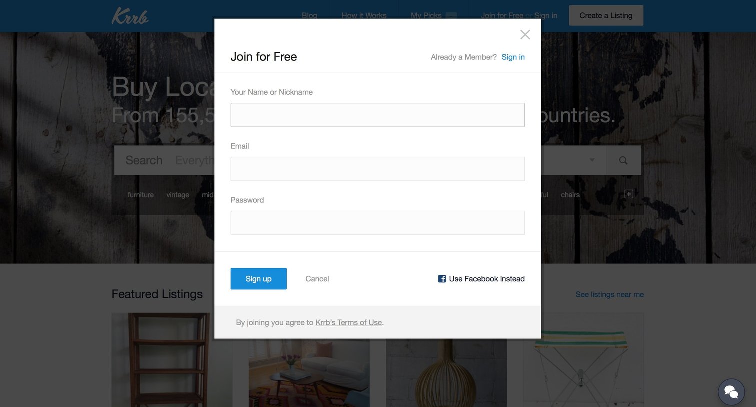 Krrb Classifieds - Sign up screen