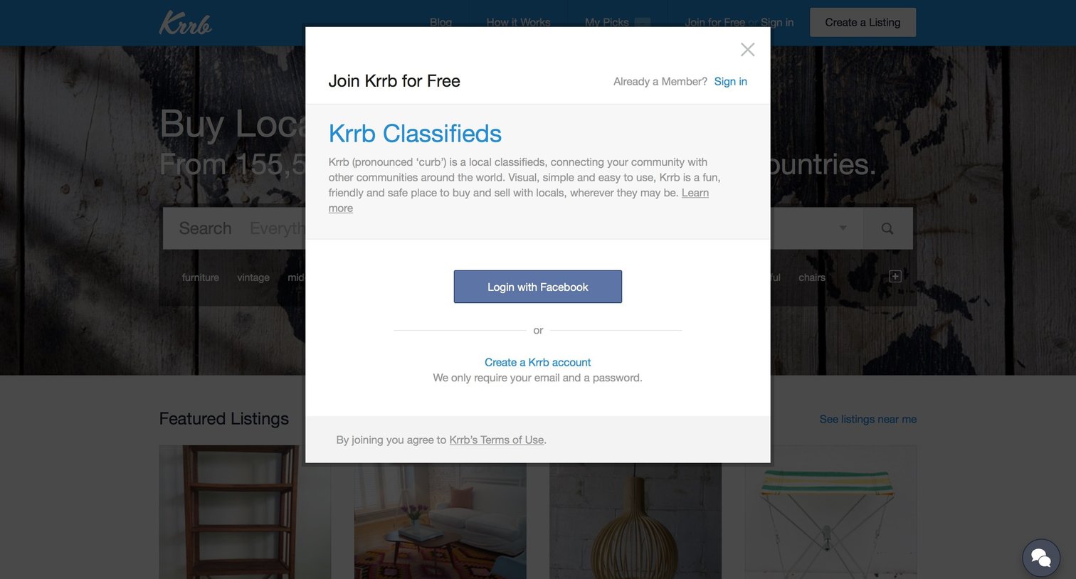Krrb Classifieds - Sign up screen