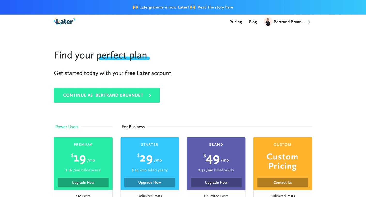 Later - Plans screen