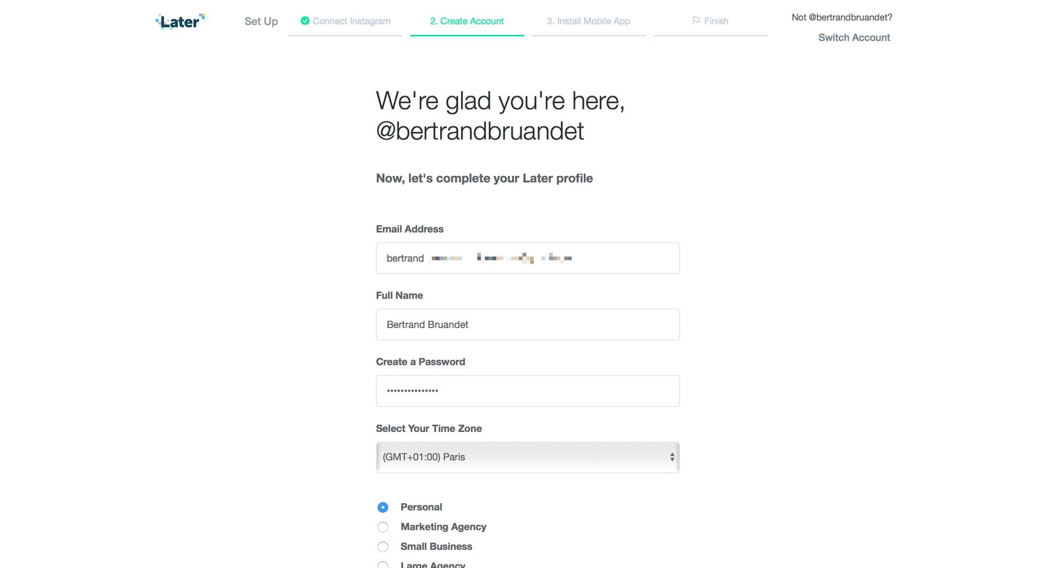 Later - Sign up screen