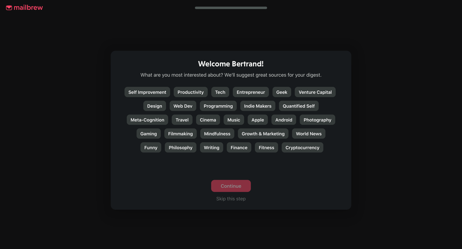 Mailbrew - What are your interests? | Mailbrew screen