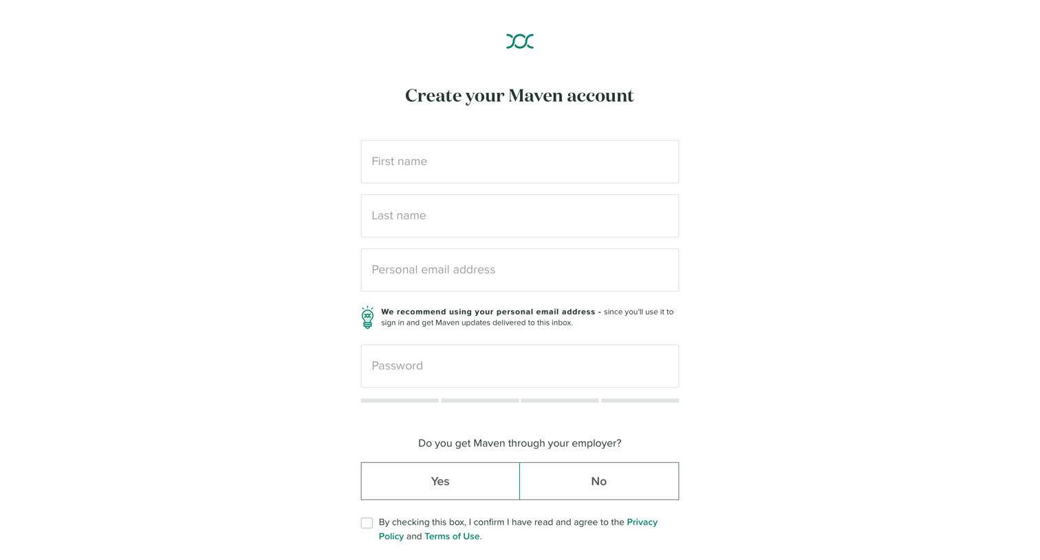 Maven - Register a new Maven account | Maven. The Digital Clinic for Women. screen