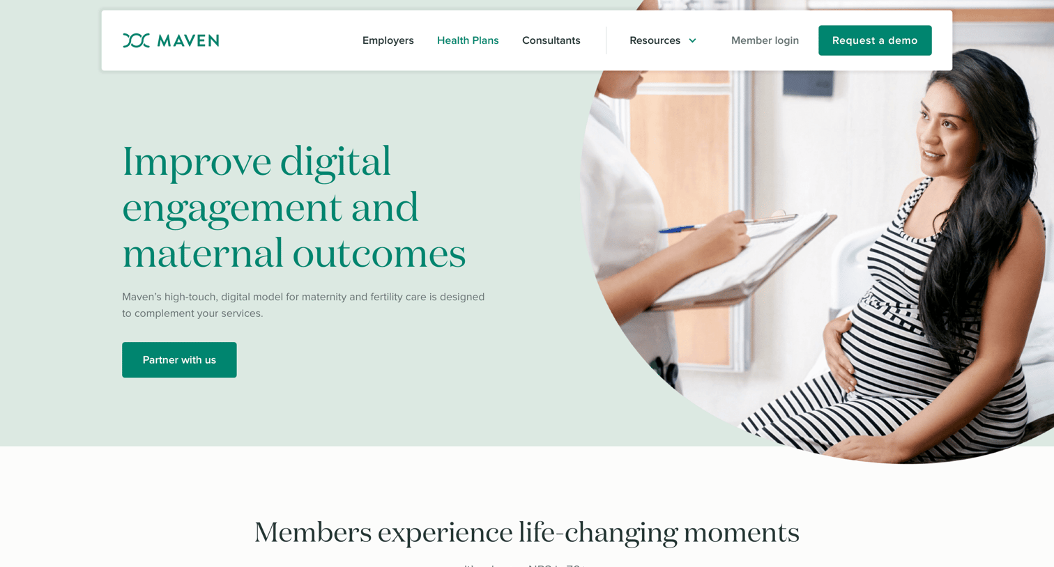 Maven - Maven For Health Plans – Pregnancy, Postpartum, and Back-To-Work Programs | Maven. The Digital Clinic for Women. screen