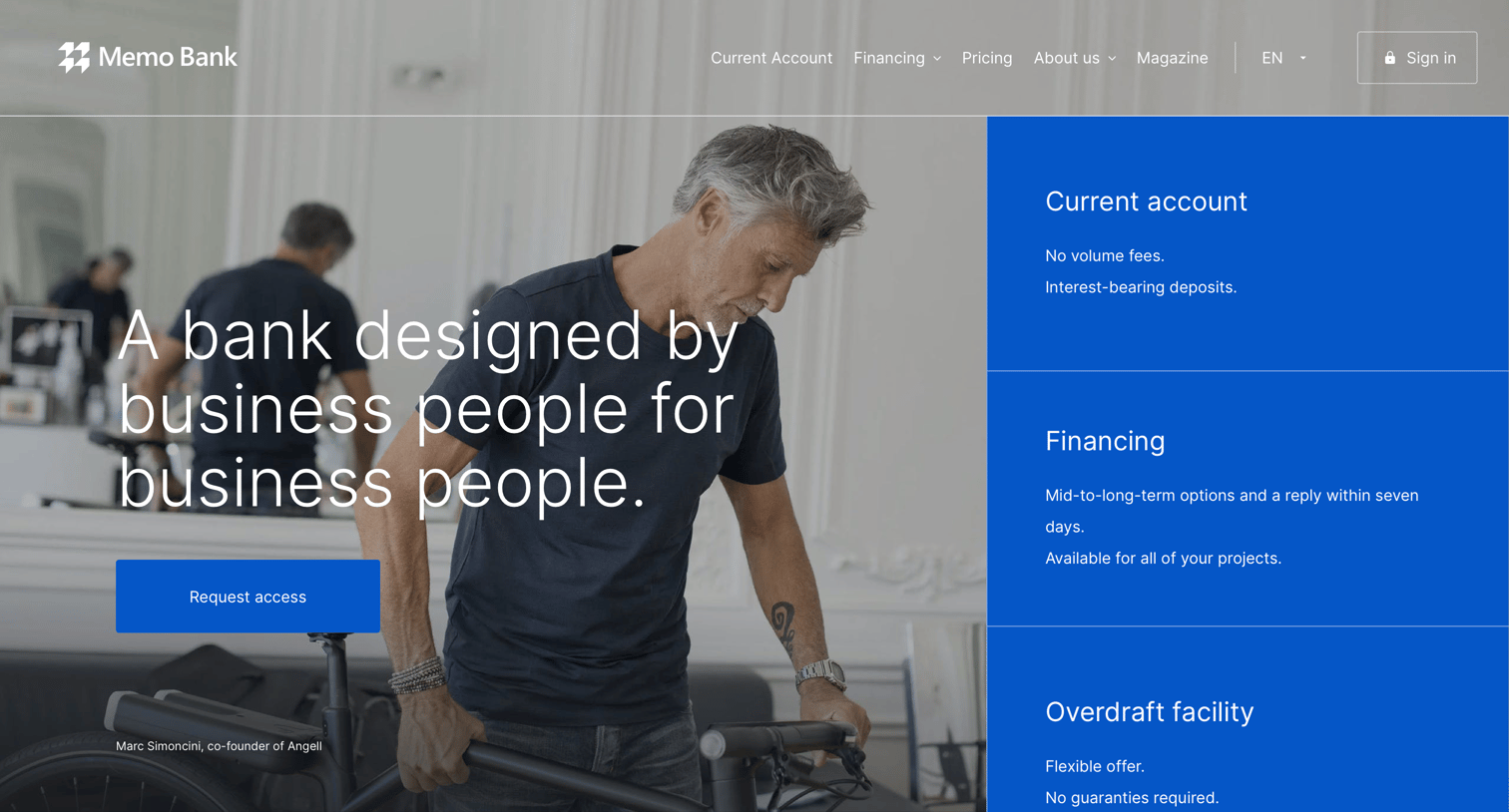 Landing page from Memo Bank
