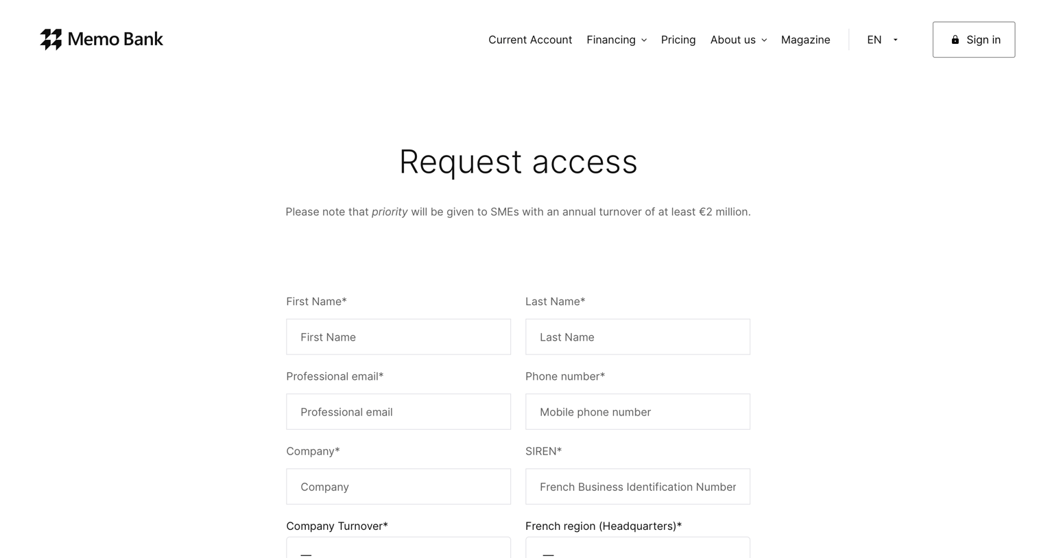Sign up from Memo Bank