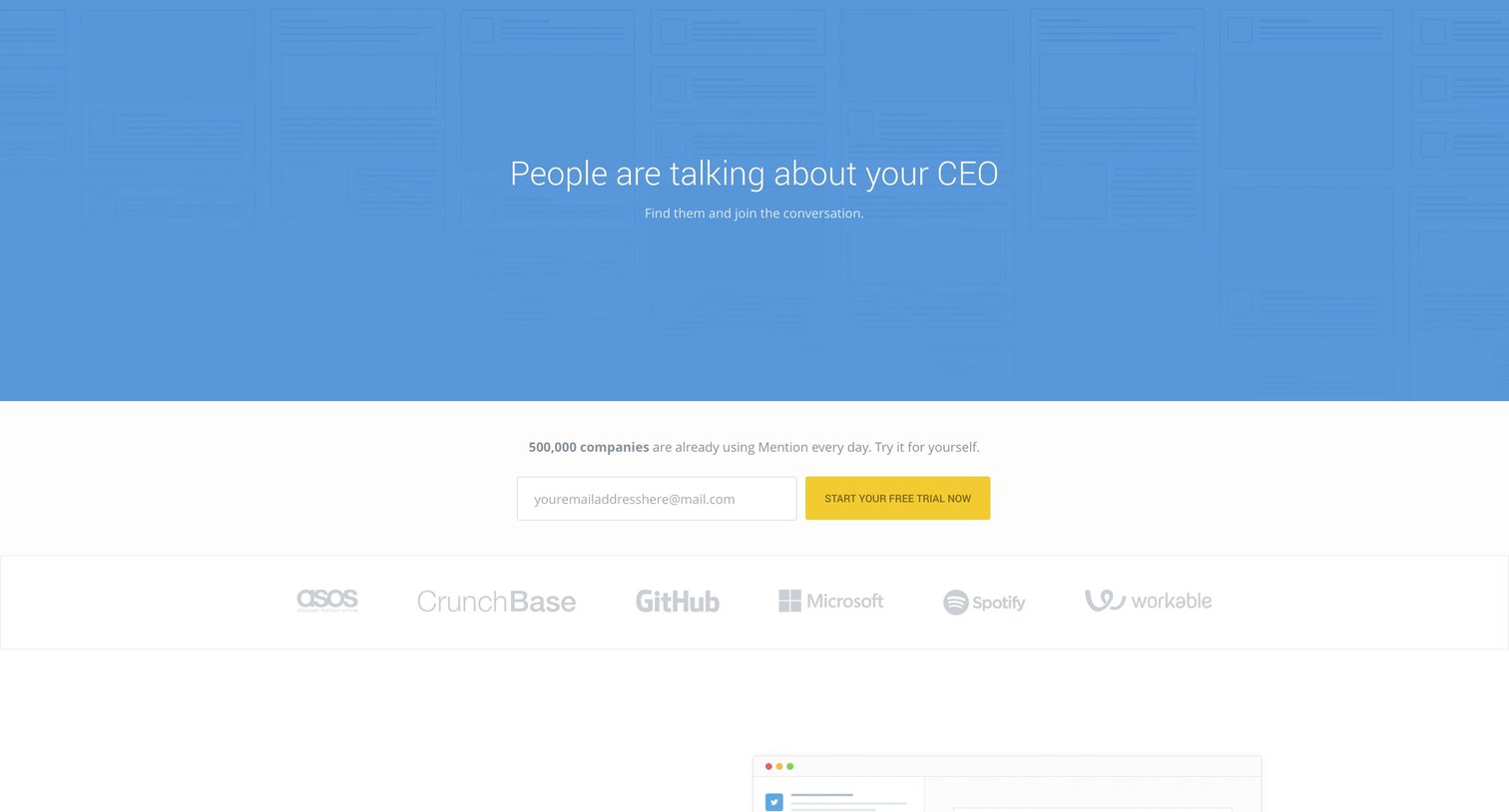 Mention - Landing page screen