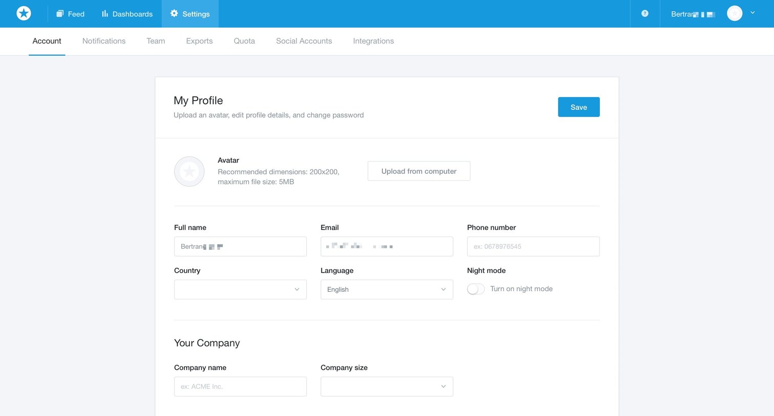 Mention - Settings screen