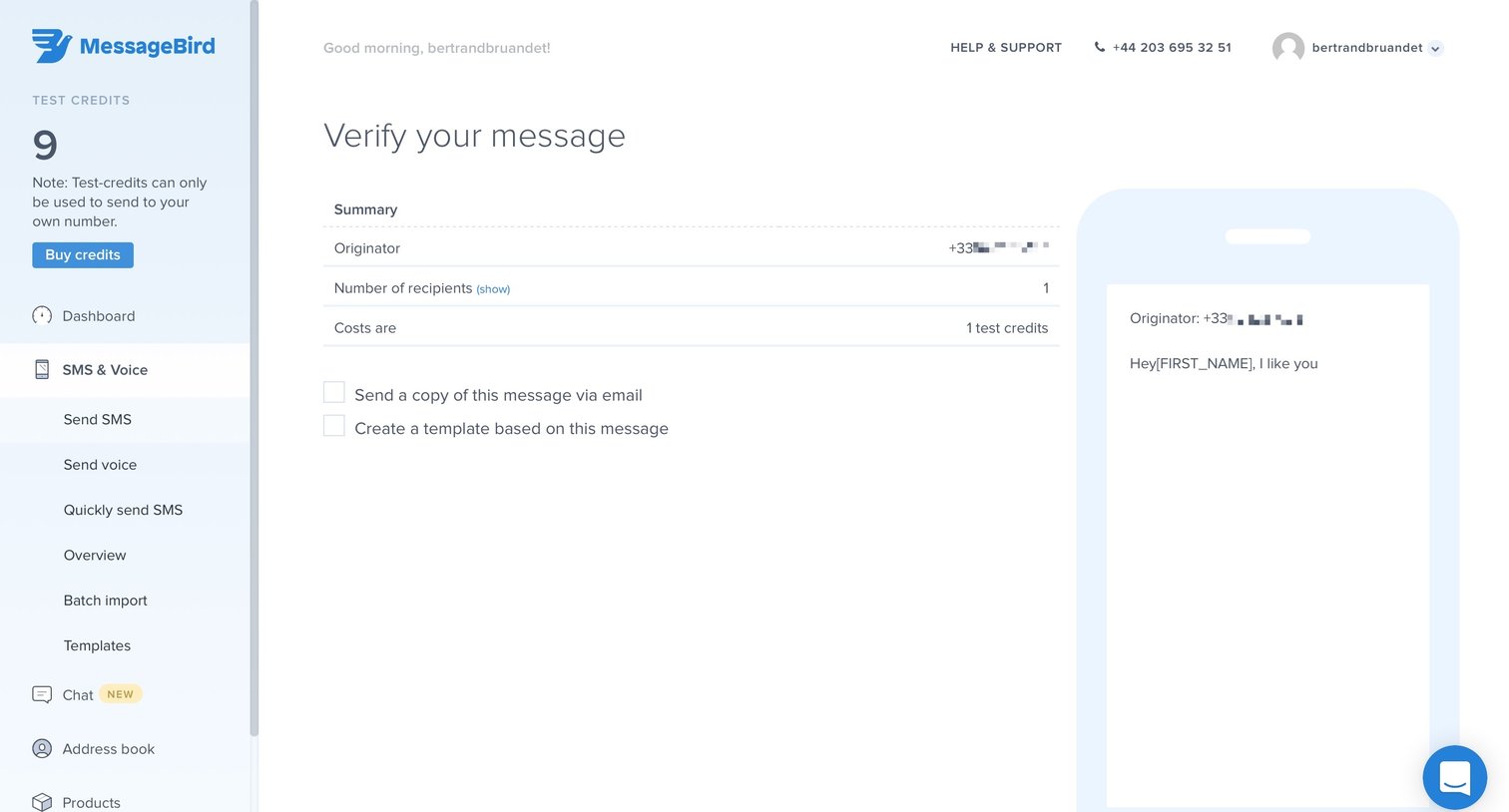 MessageBird - Create screen