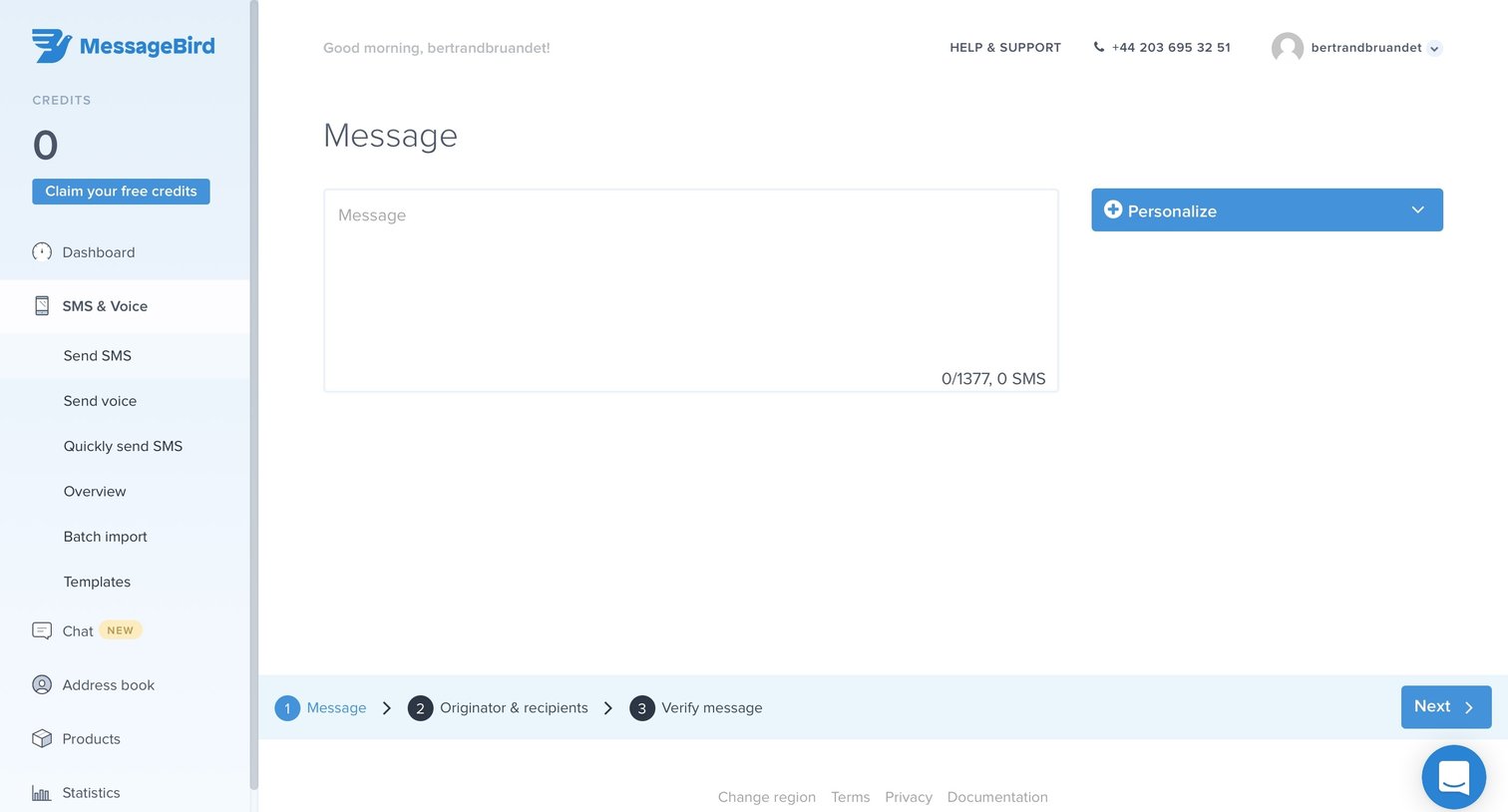 MessageBird - Create screen