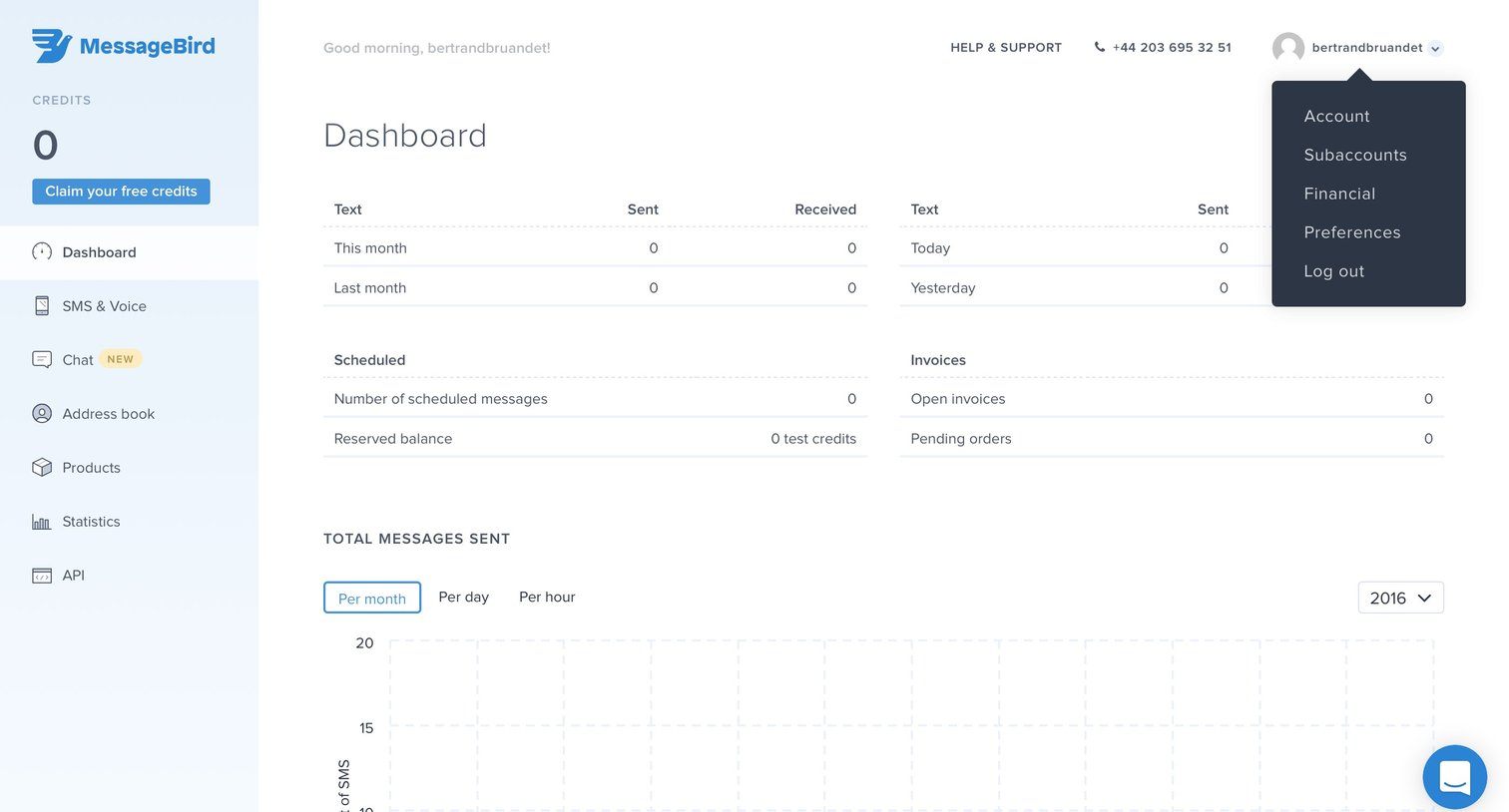 MessageBird - Dropdown screen