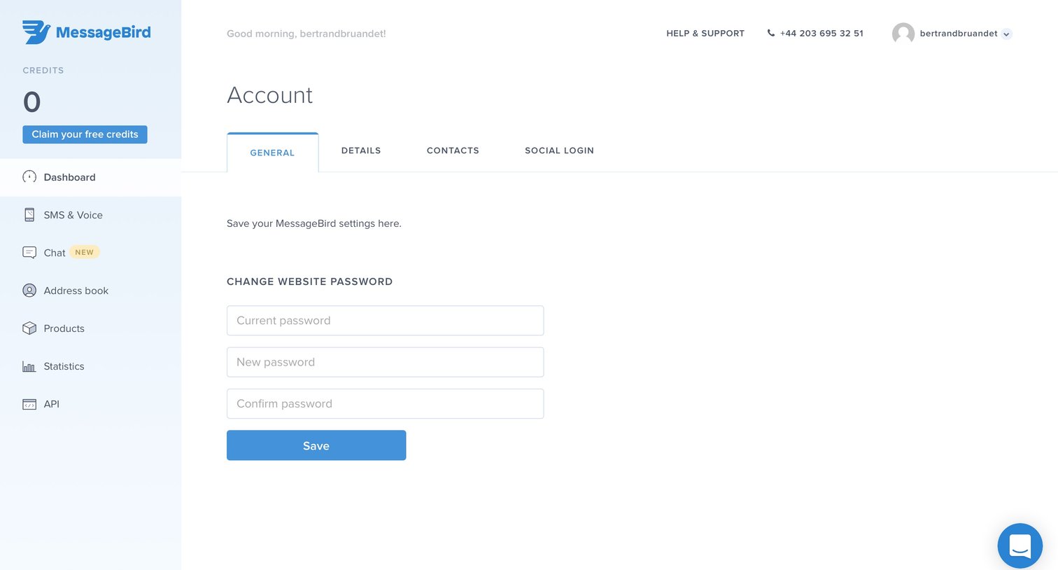 MessageBird - Settings screen
