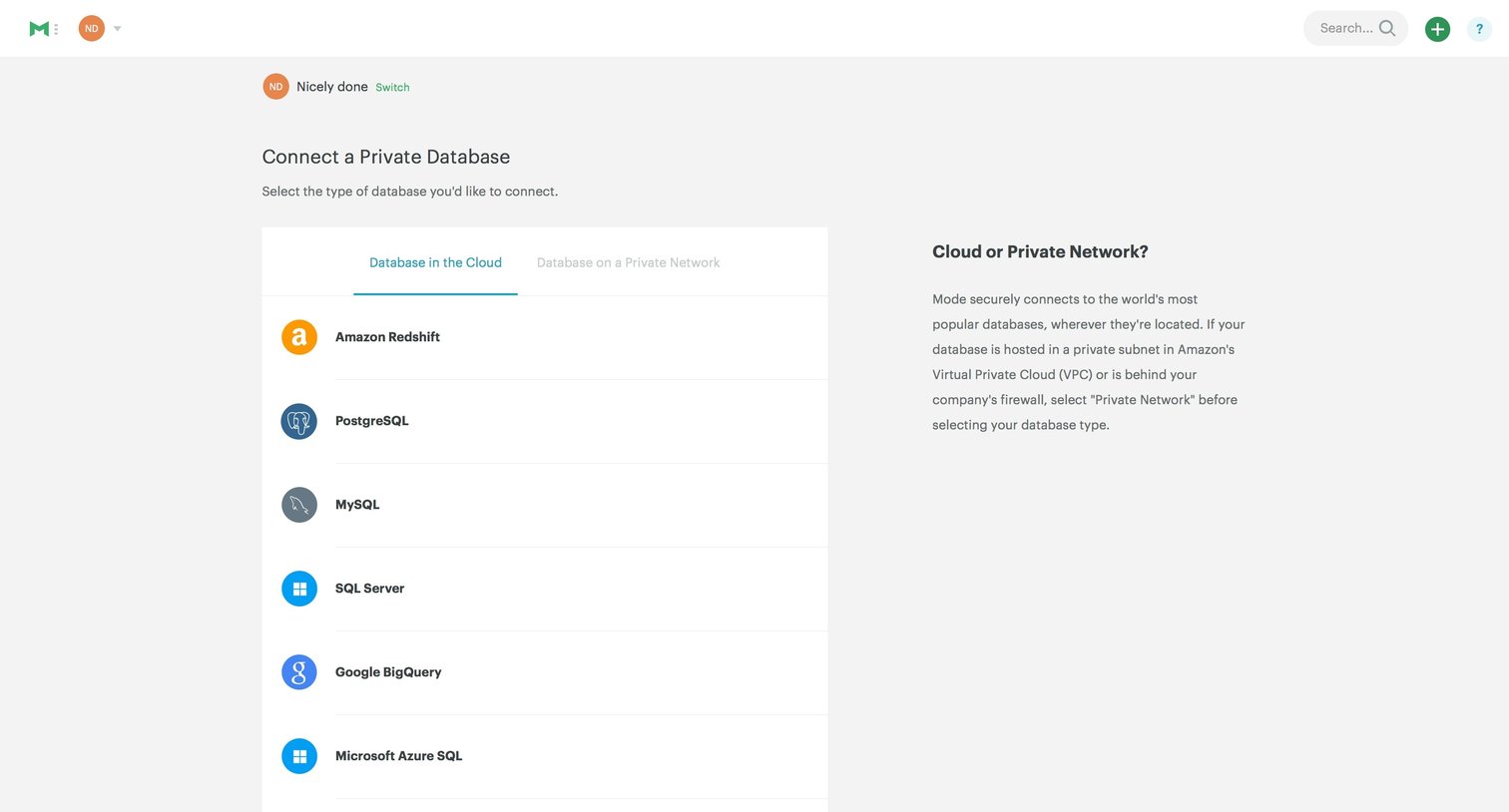 Mode - Integrations screen