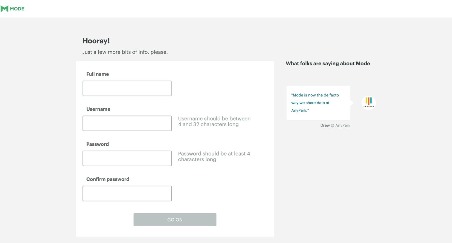 Mode - Sign up screen