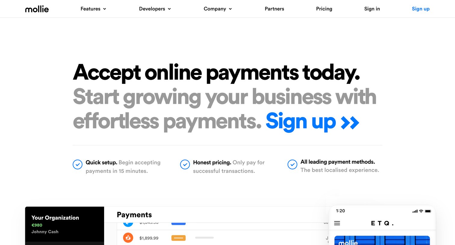 Landing page from Mollie