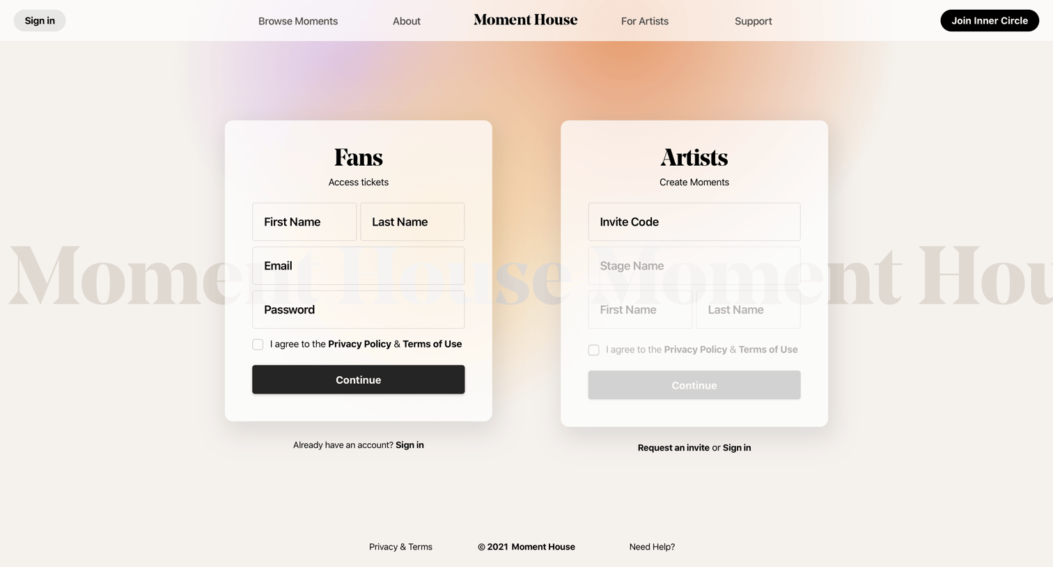 Moment House - Sign up | Moment House screen