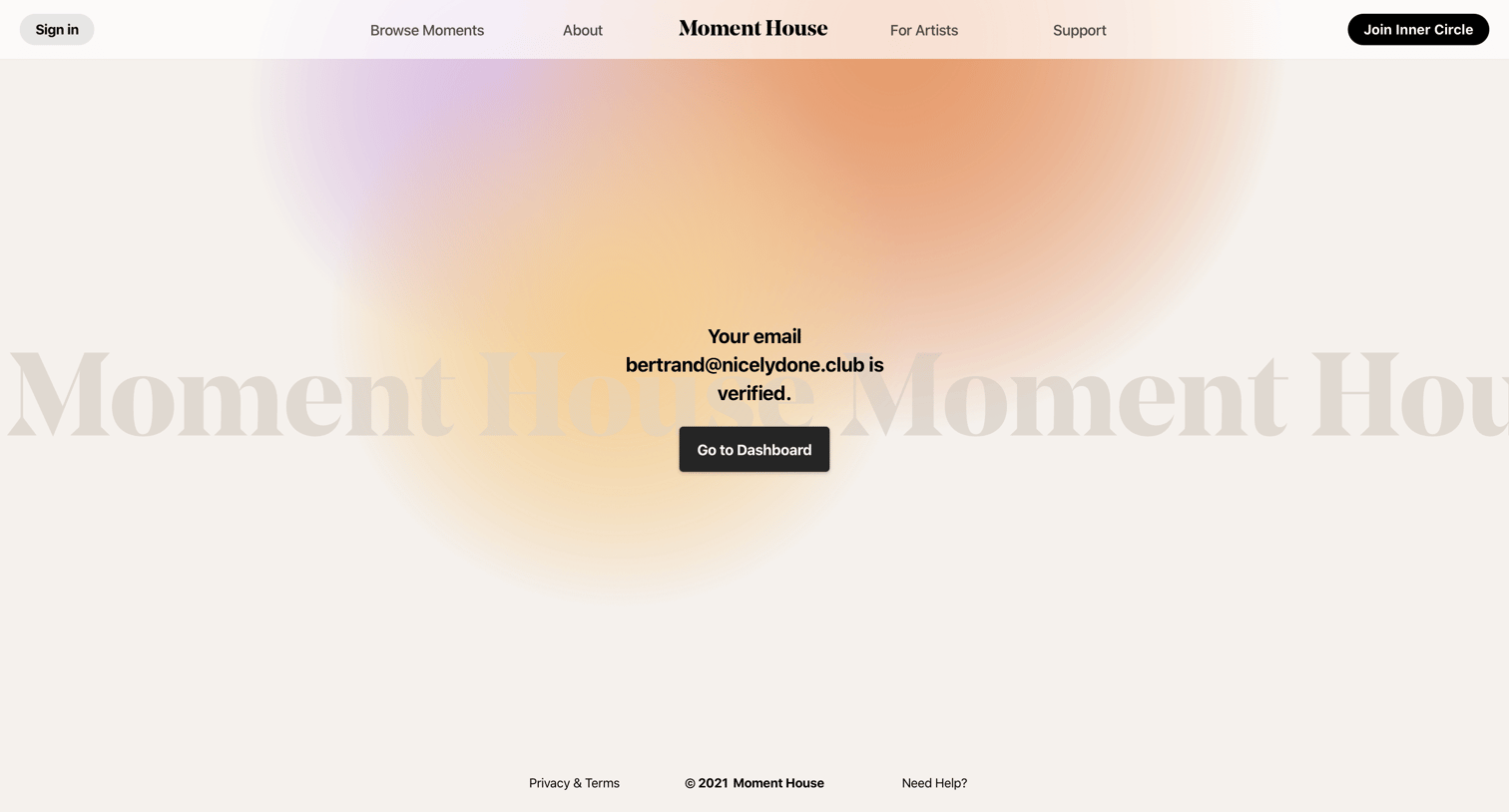 Moment House - Confirm Email | Moment House screen