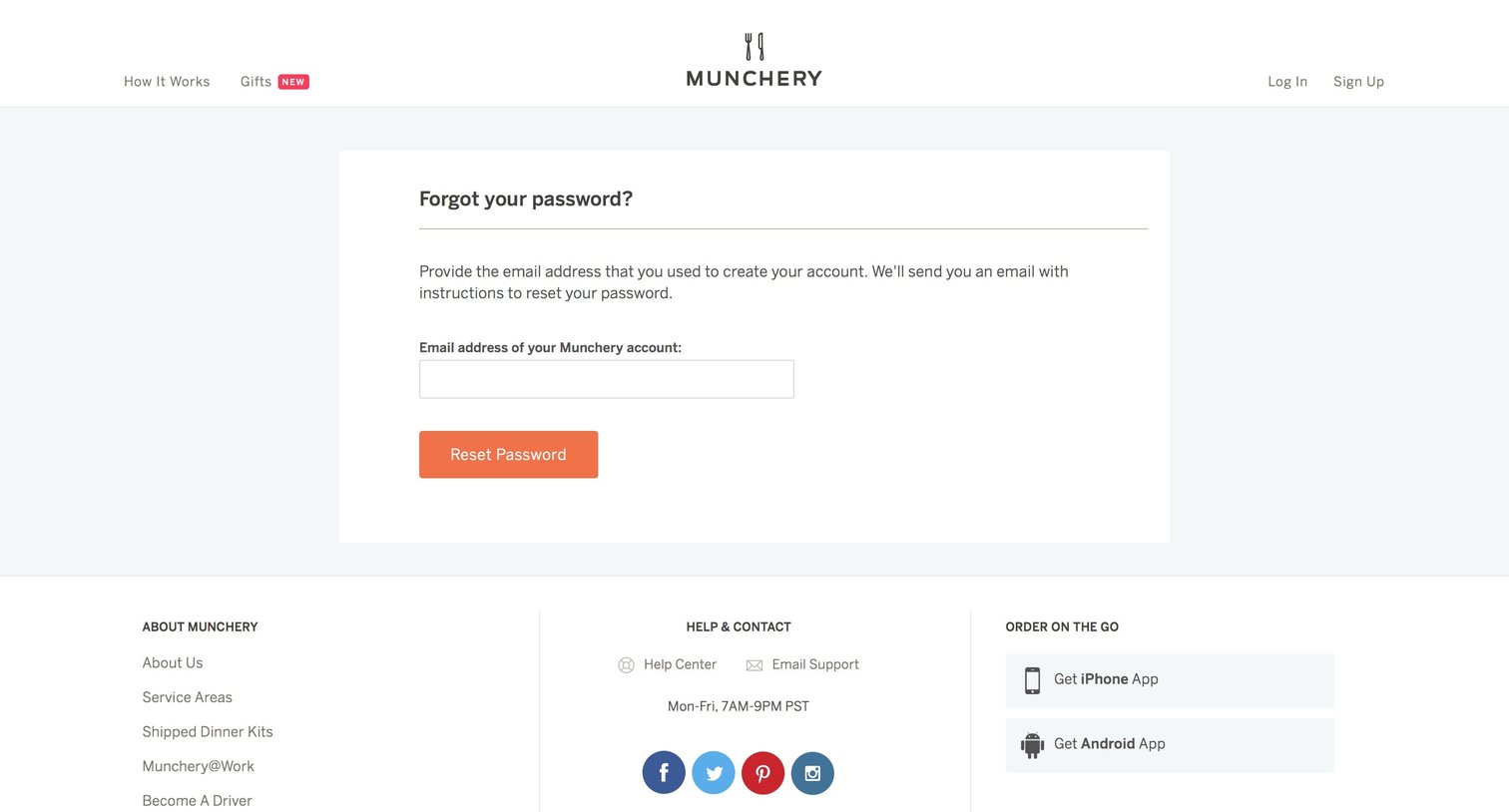 Munchery - Password reset screen