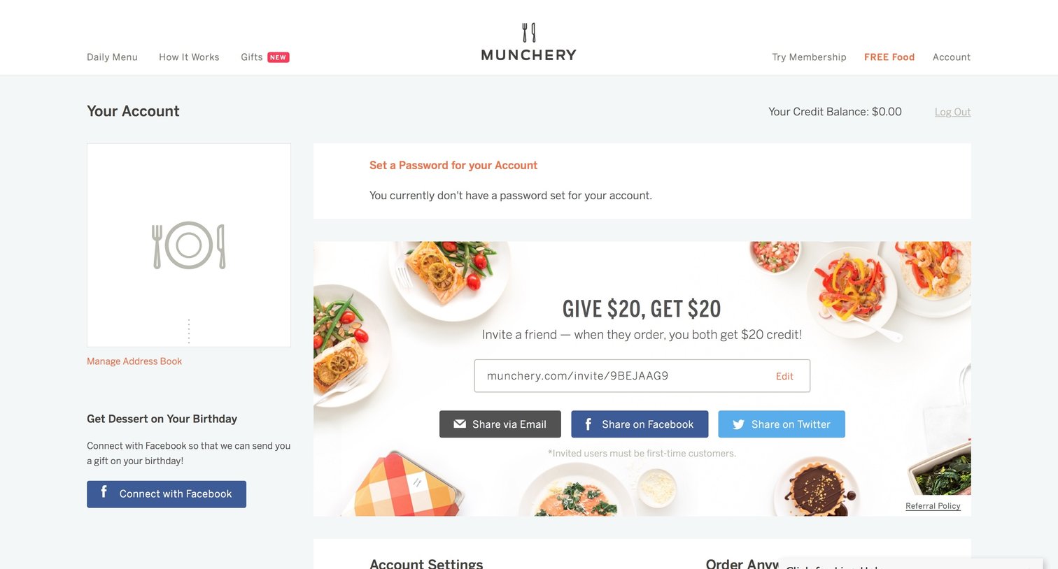 Munchery - Settings screen
