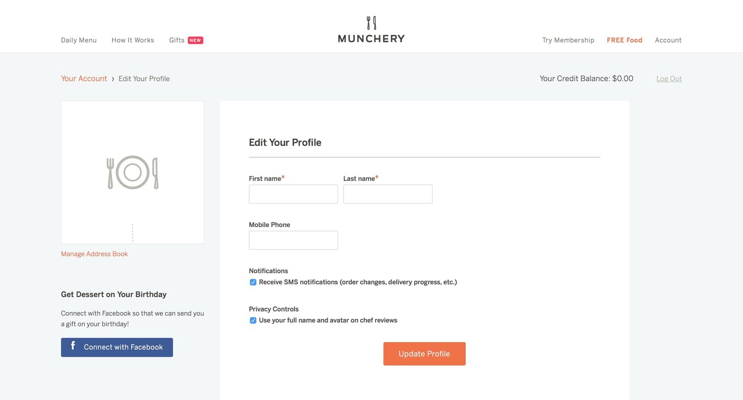 Munchery - Settings screen