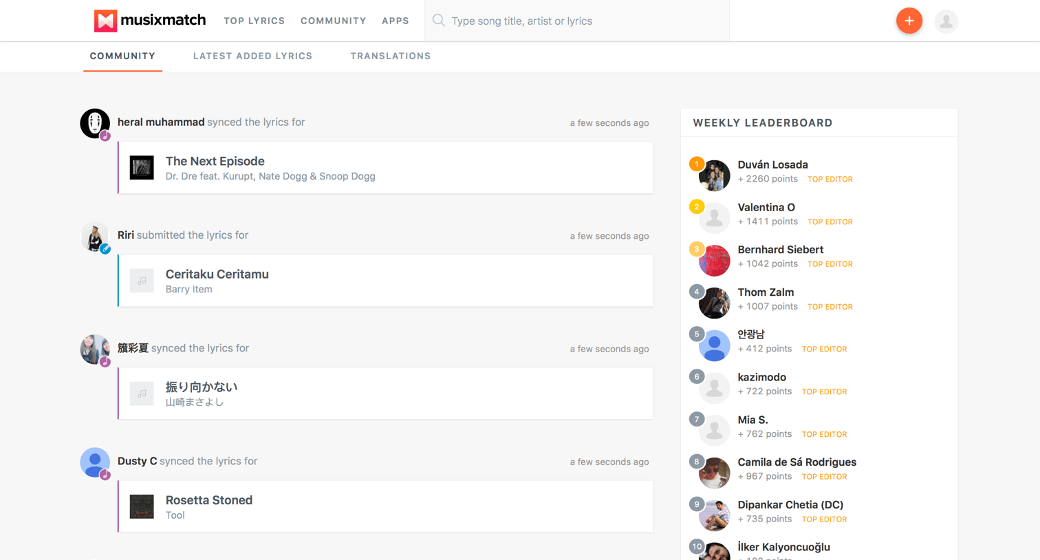 Activity feed from Musixmatch