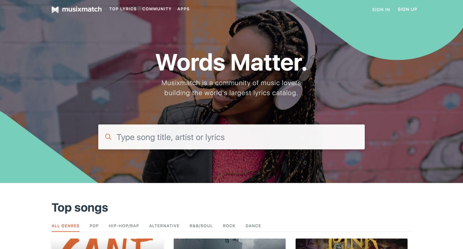 Musixmatch - Landing page screen