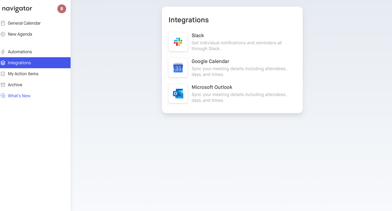 Navigator - Calendar integrations screen