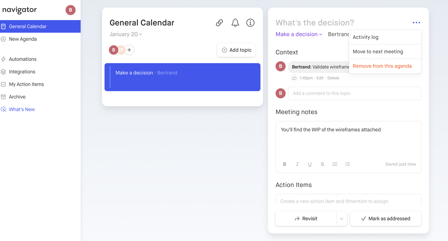 Navigator - Calendar settings screen