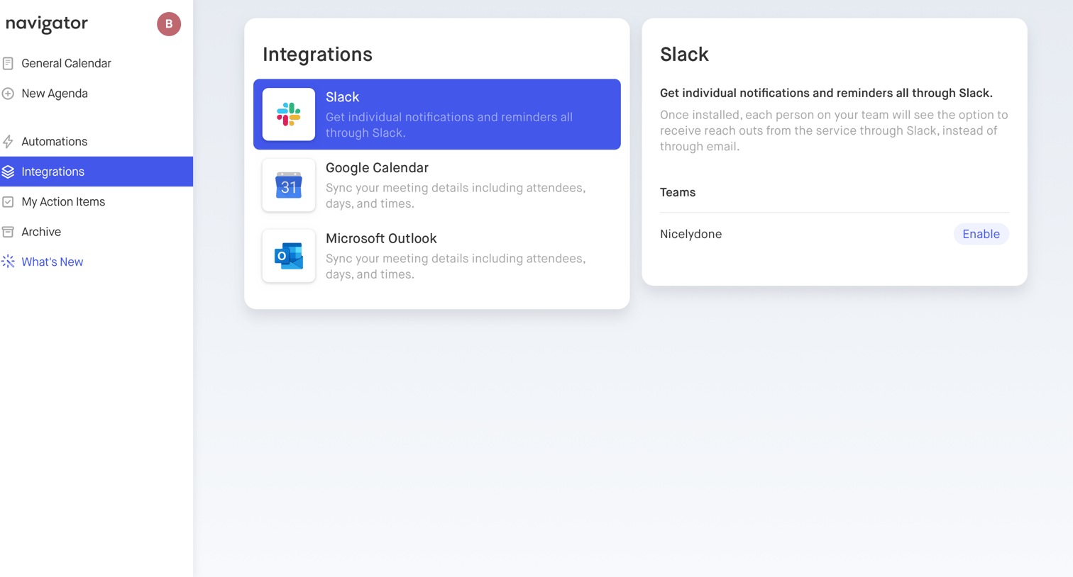 Navigator - Integration settings screen