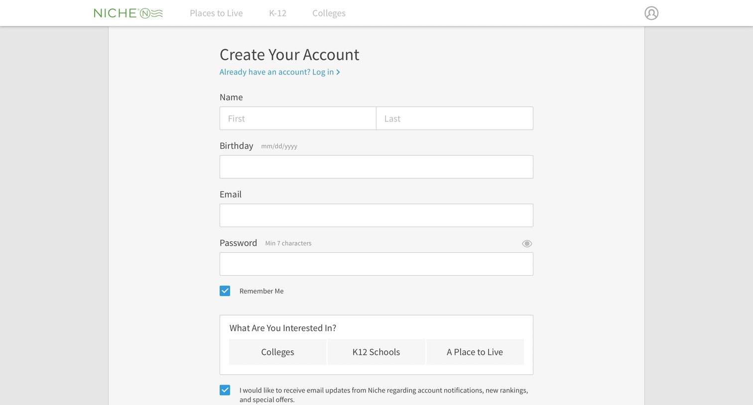 Niche - Sign up screen