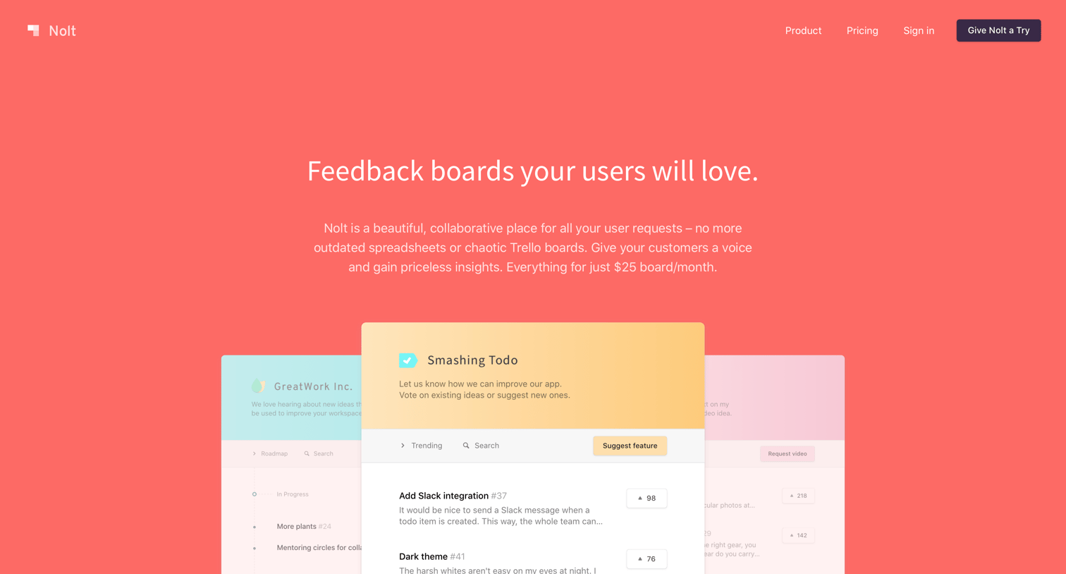 Nolt - Nolt · Feedback boards your users will love screen