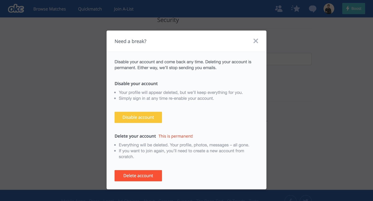 Delete account from OkCupid