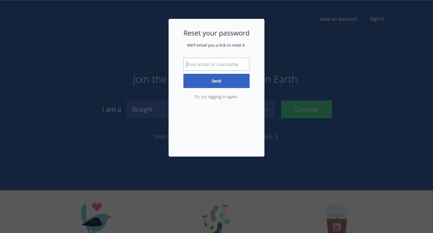 OkCupid - Password reset screen