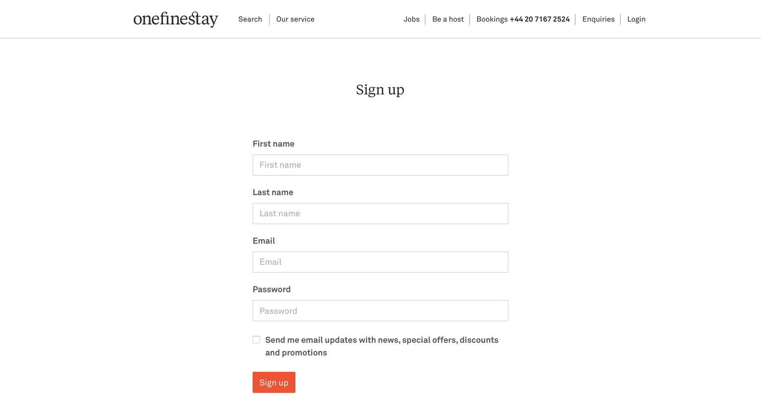 One fine stay - Sign up screen