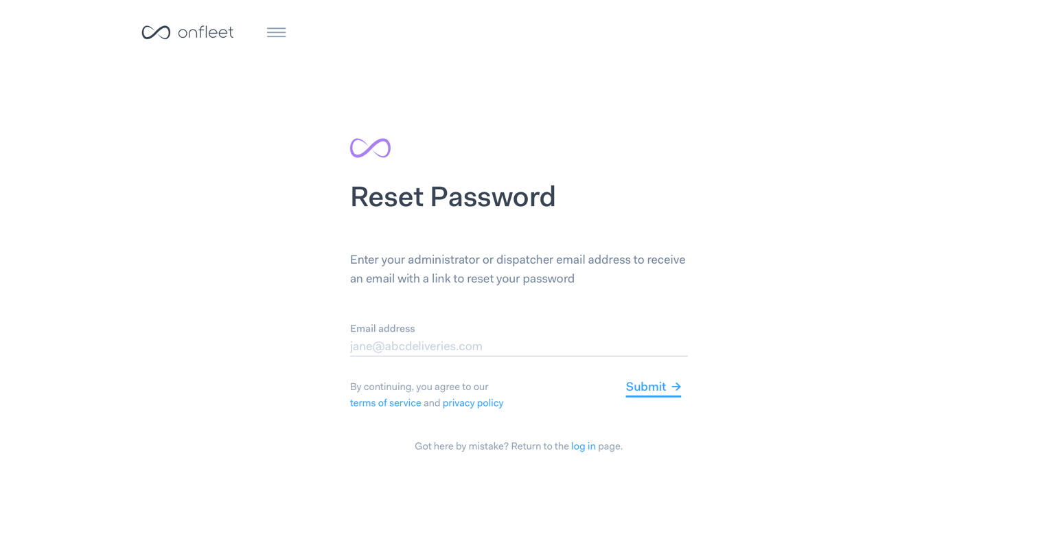 Onfleet - Onfleet | Update Password screen