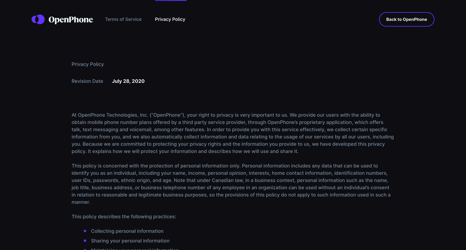 OpenPhone - Privacy policy screen