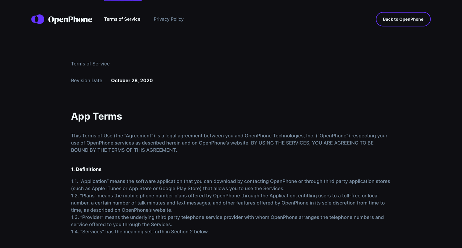 OpenPhone - Terms & conditions screen
