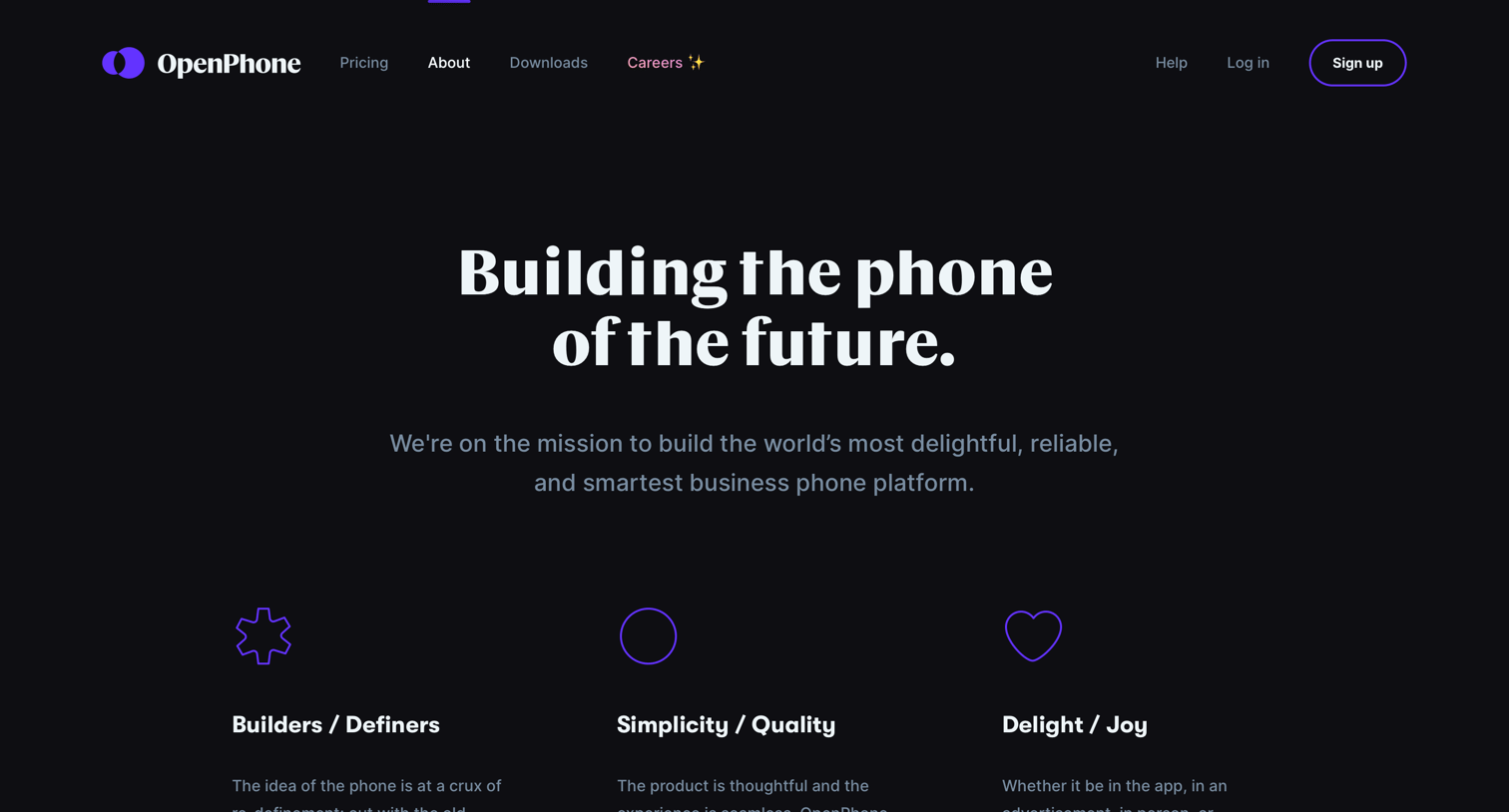 OpenPhone - About / Mission screen