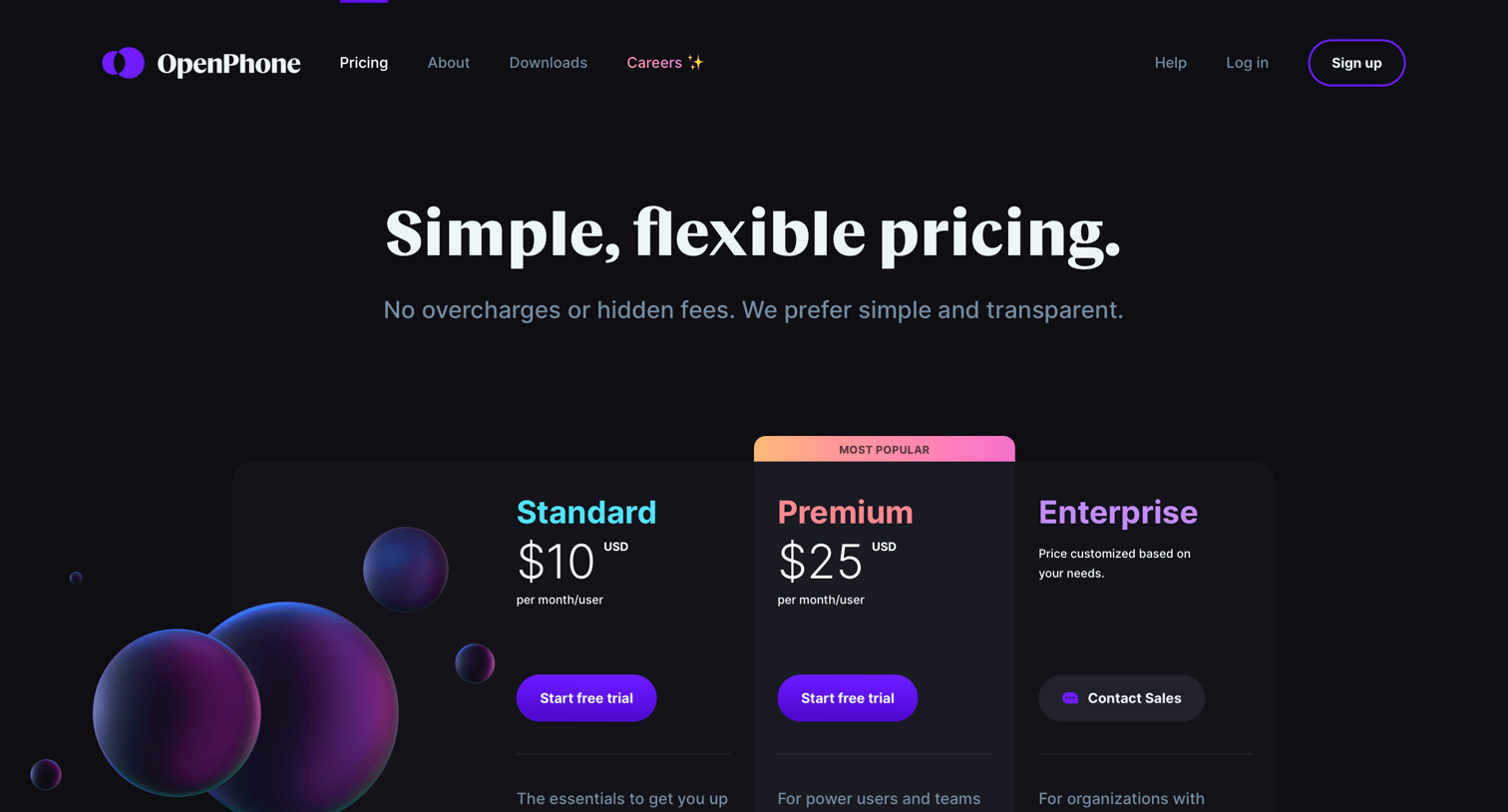 OpenPhone - Plans & pricing screen