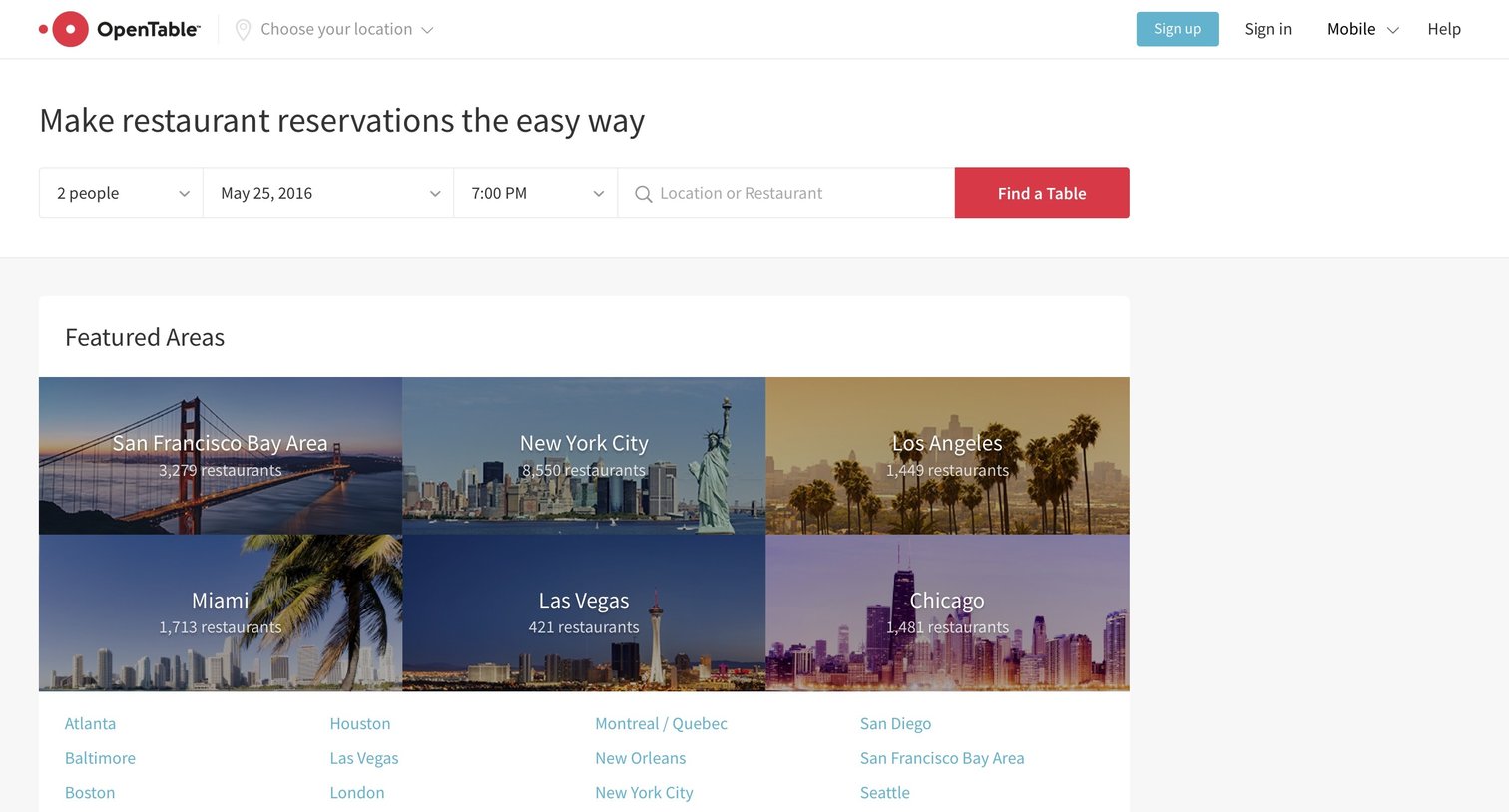 OpenTable - Landing page screen