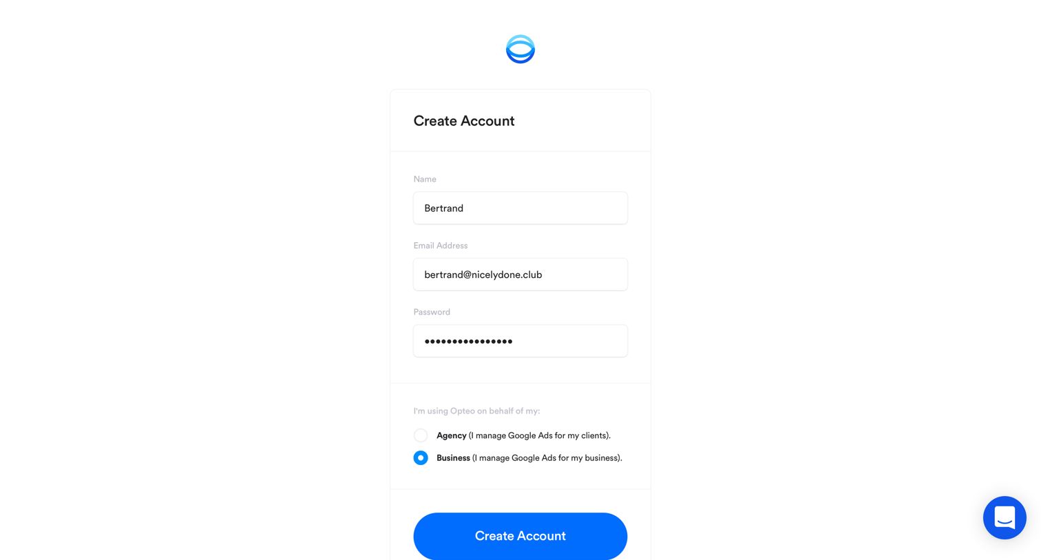 Opteo - Sign up screen