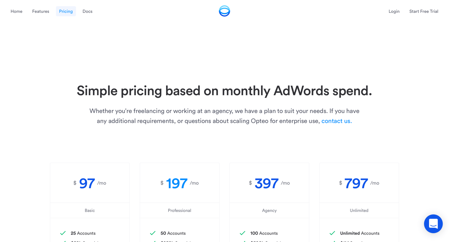 Opteo - Plans & pricing screen