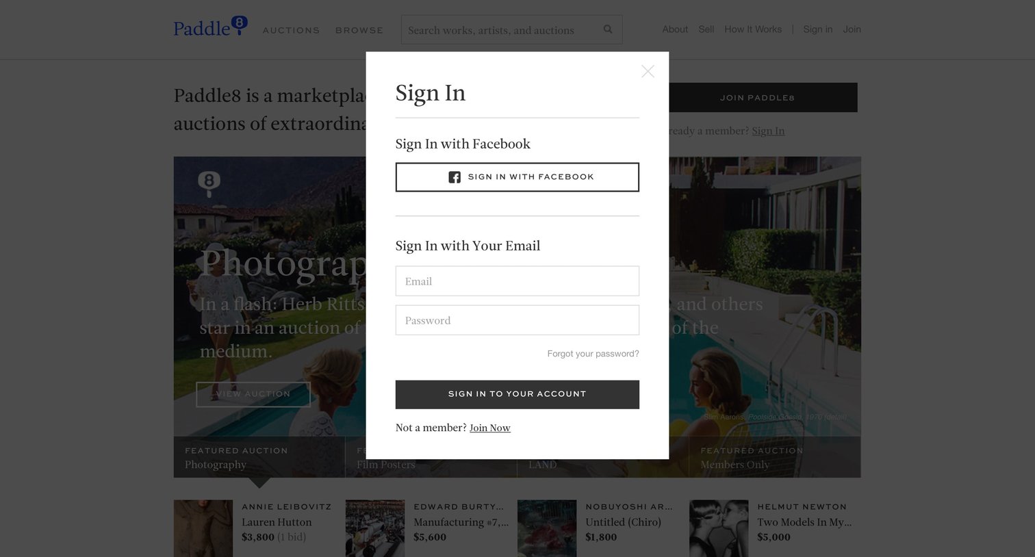Paddle8 - Sign in screen
