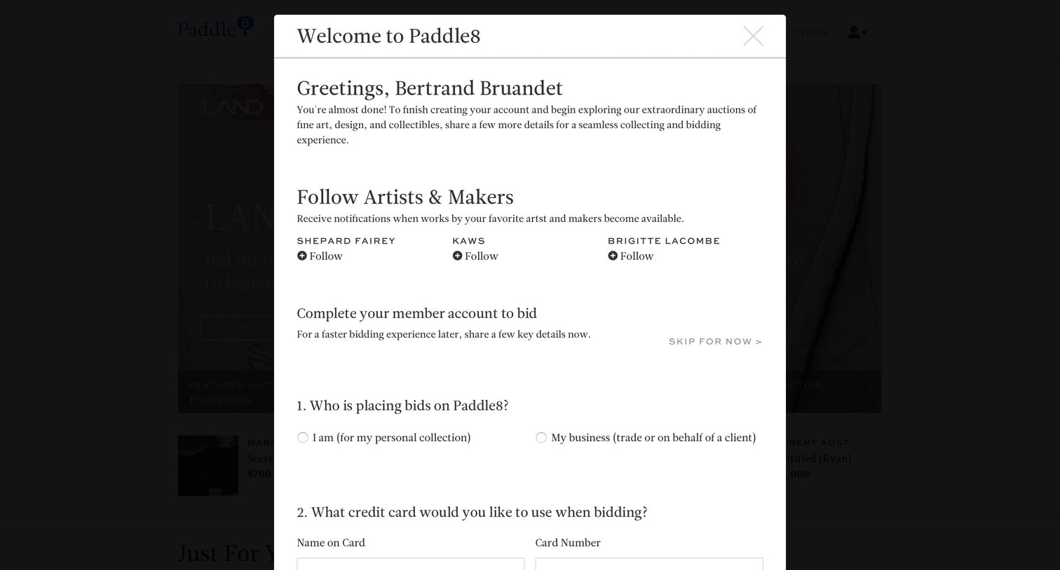 Paddle8 - Sign up screen