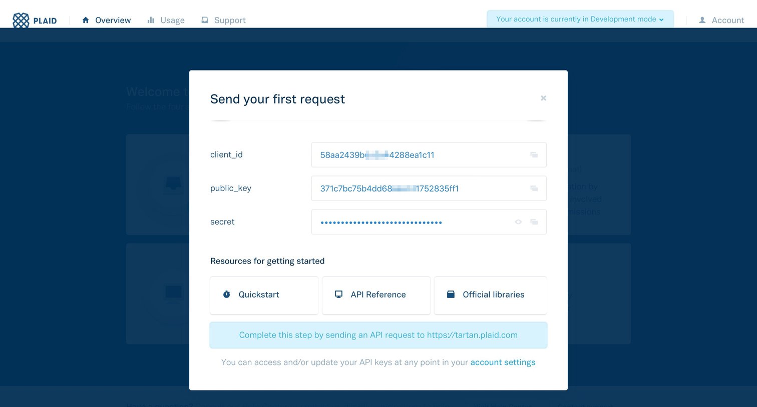 Plaid - API Configuration screen
