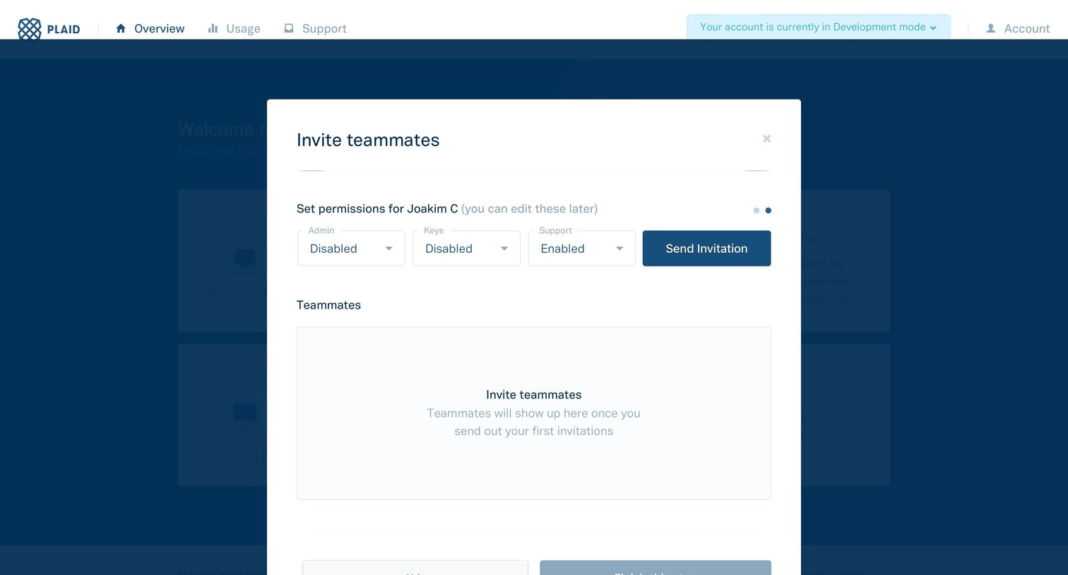 Plaid - Invite teamates screen
