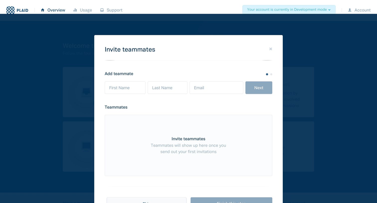 Plaid - Invite teamates screen