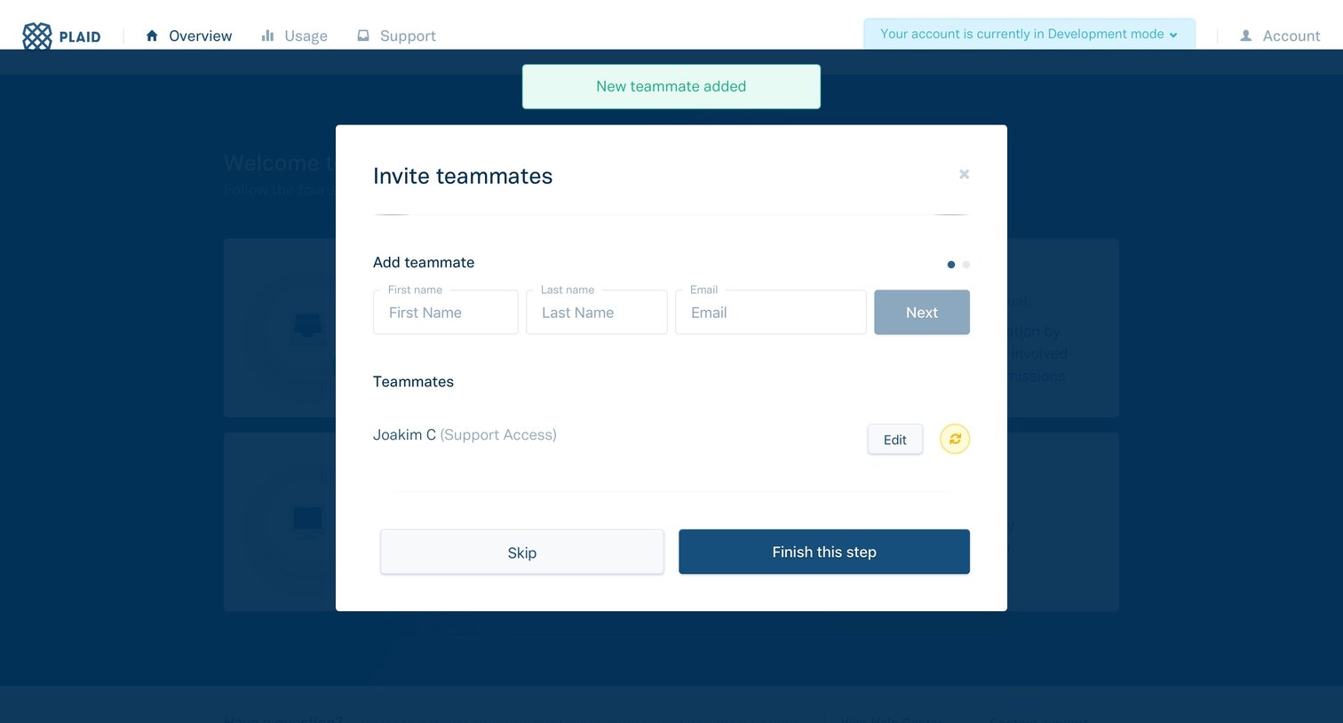 Plaid - Team screen
