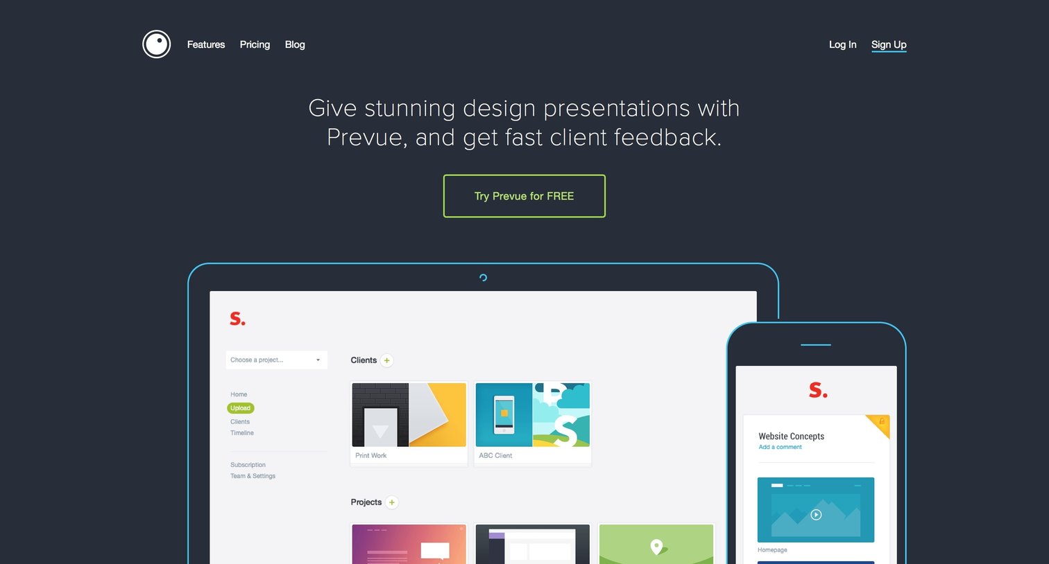 Prevue - Landing page screen
