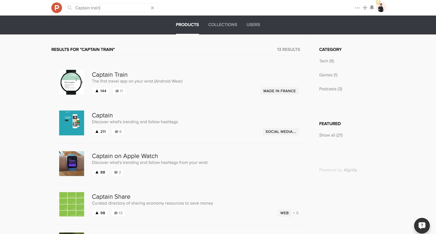 Search from Product Hunt